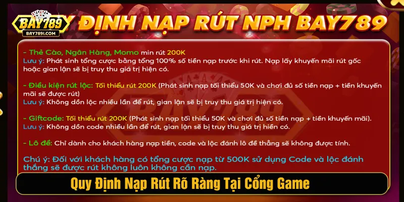Quy định nạp rút rõ ràng tại cổng game